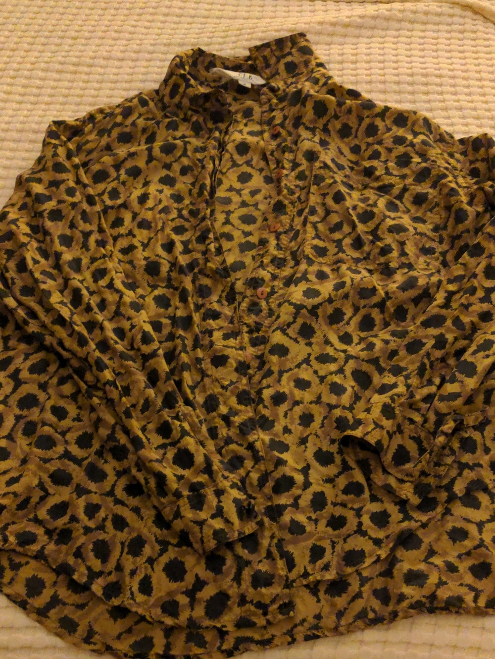 Silk Leopard-like Floral Print Button-Up Shirt in Beige and Black